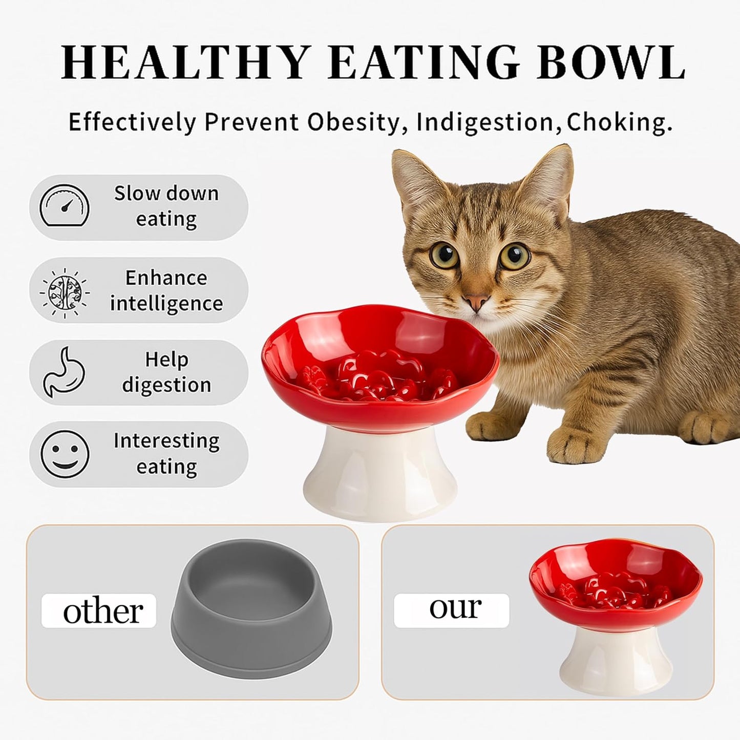 Ceramic Slow Feeder Bowl for Cats and Small Dogs, Elevated Tilted Pet Food Dish, Whisker Friendly Anti-Vomit Design, Heavy Stable Base, Dishwasher Safe， 5 Colors Options (Ruby Red)