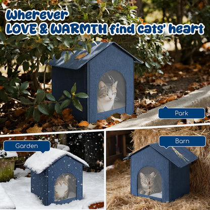 Outdoor Cat House Weatherproof, Insulated Cat Houses for Outdoor/Indoor Cats for Winter, Waterproof Feral Stray Cat Shelter with Door Curtain and Warm Cushion, Easy to Assemble, Navy Blue