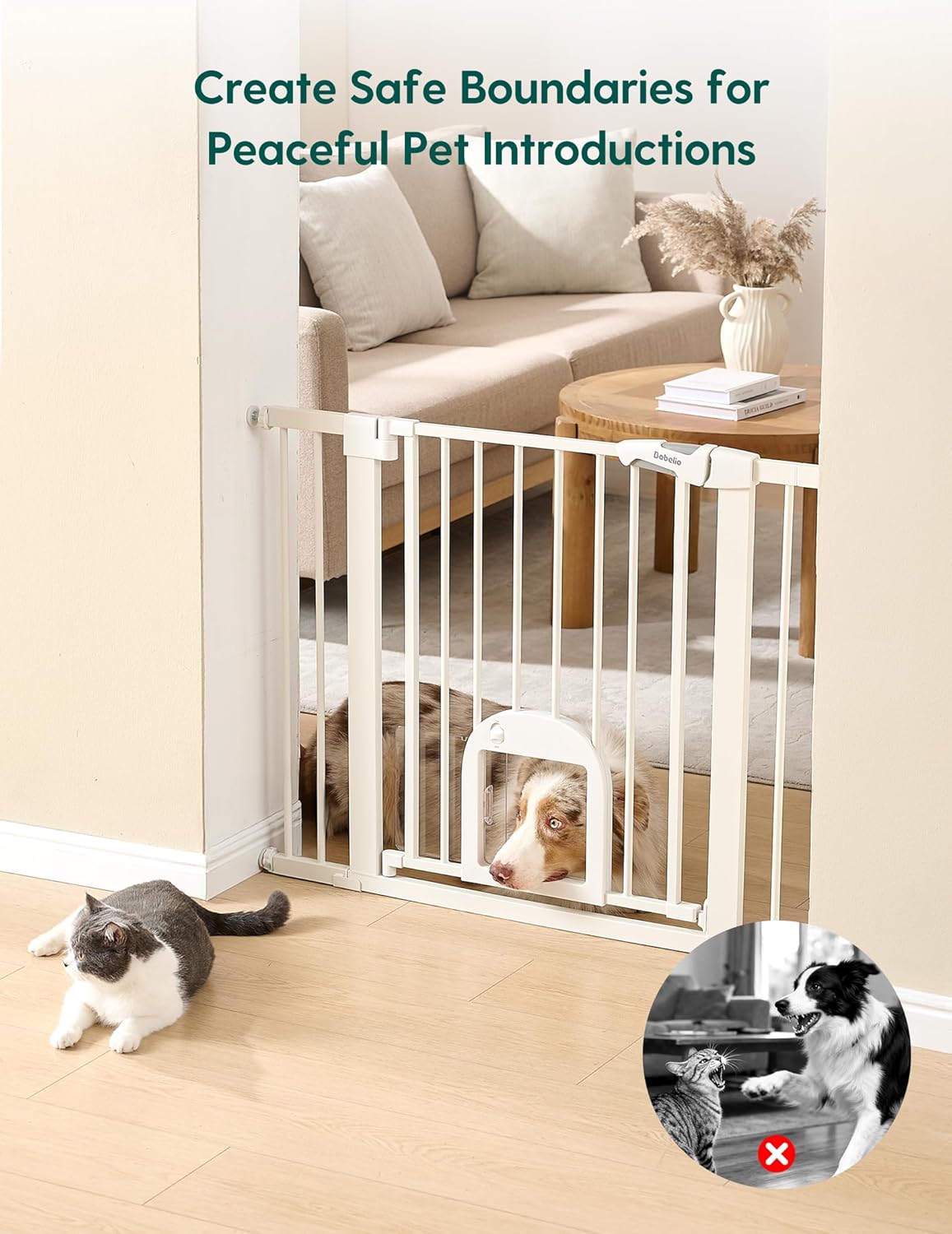 Babelio Baby Gate with Adjustable Cat Door,29-43" Auto Close Durable Pet door for Stairs,Doorways and House,Pressure Mounted,Easy Install,Effortless Walk Thru,White