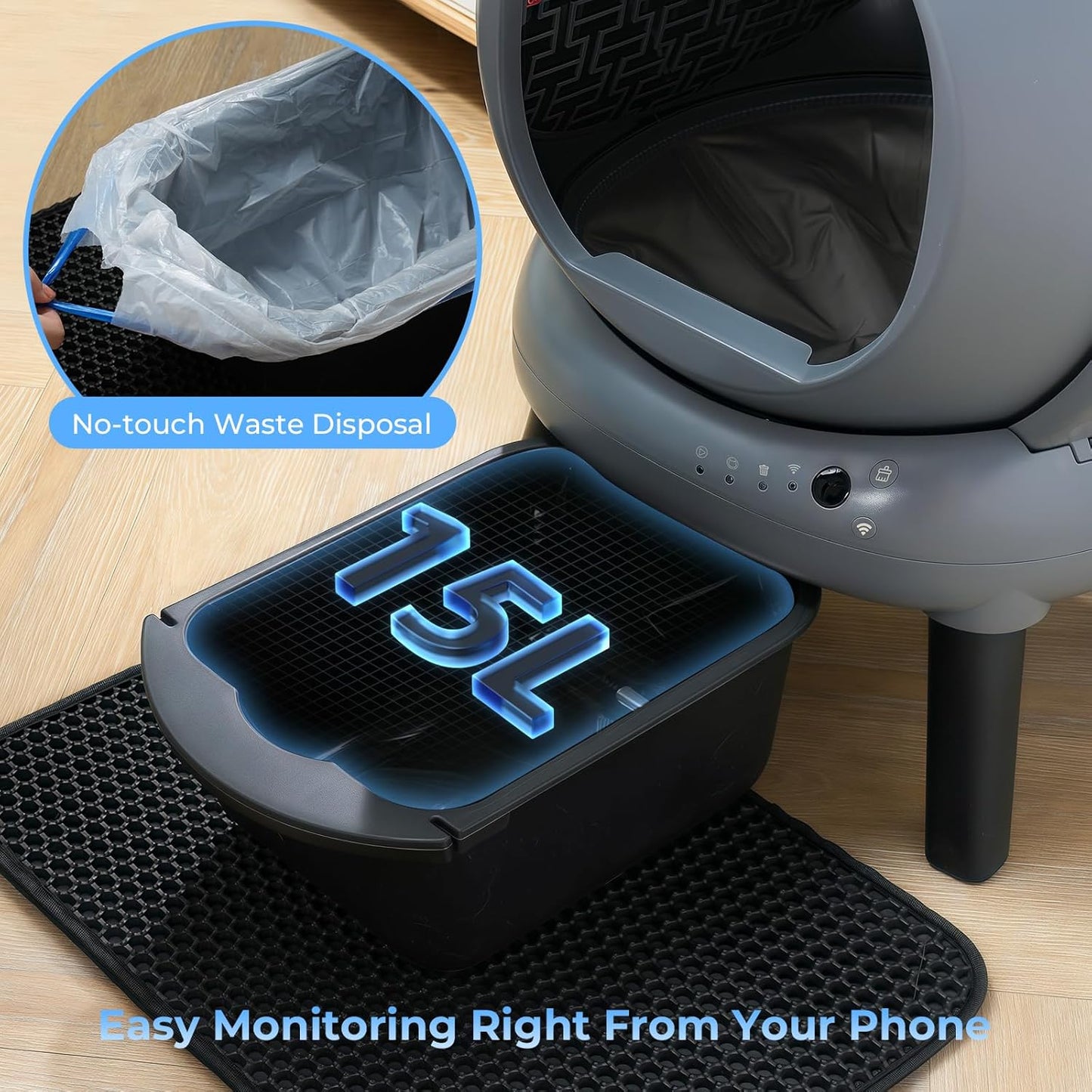 Self Cleaning Litter Box for Cats, Automatic Cat Litter Box with Smart APP Control and Health Monitoring, Includes 2 Roll Trash Bag and Litter Mat, Grey