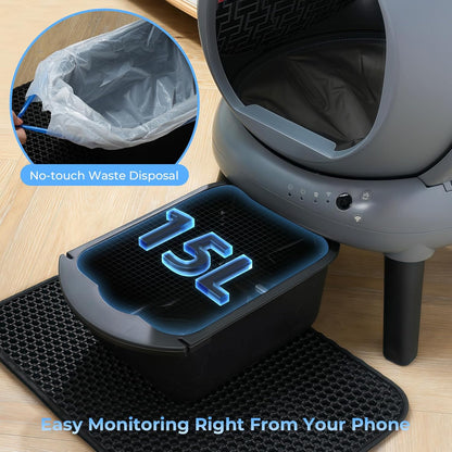 Self Cleaning Litter Box for Cats, Automatic Cat Litter Box with Smart APP Control and Health Monitoring, Includes 2 Roll Trash Bag and Litter Mat, Grey