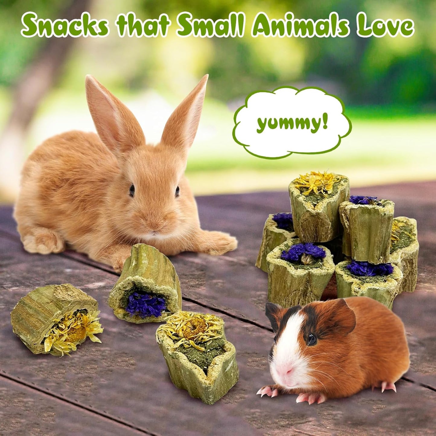 PINVNBY Natural Rabbit Chew Toys Organic Papaya Wood Bunny Treats with Alfalfa Hay and Dried Flower Guniea Pig Molar Snacks for Hamster Chinchilla Gerbil Small Animals Teeth Grinding (7.05 oz/200 g)