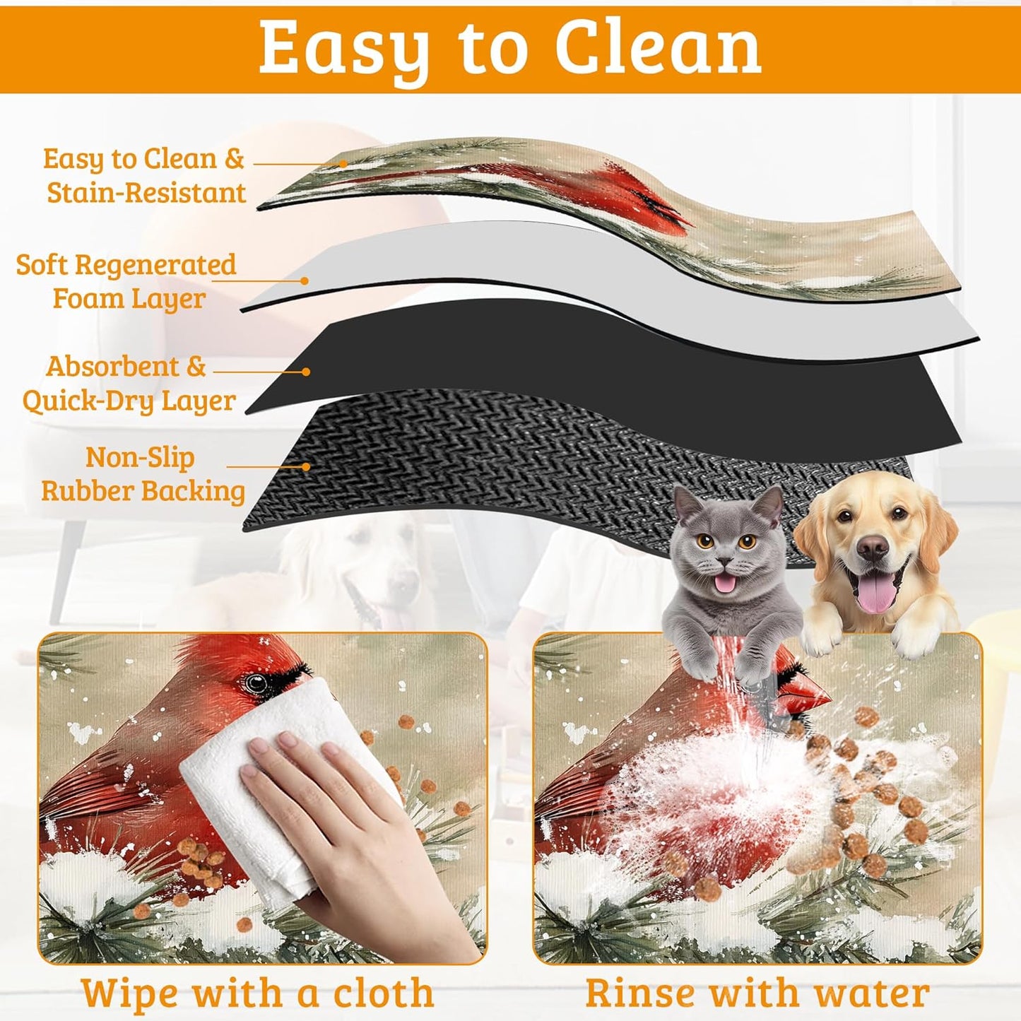 Pet Feeding Mat,Cardinal Bird Absorbent Dog Cat Food Mat Christmas Dog Mat with Rubber Backing,Non-Slip Water Bowl Placemat,Pet Supplies 16" x 24"