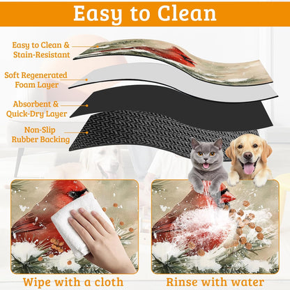 Pet Feeding Mat,Cardinal Bird Absorbent Dog Cat Food Mat Christmas Dog Mat with Rubber Backing,Non-Slip Water Bowl Placemat,Pet Supplies 16" x 24"