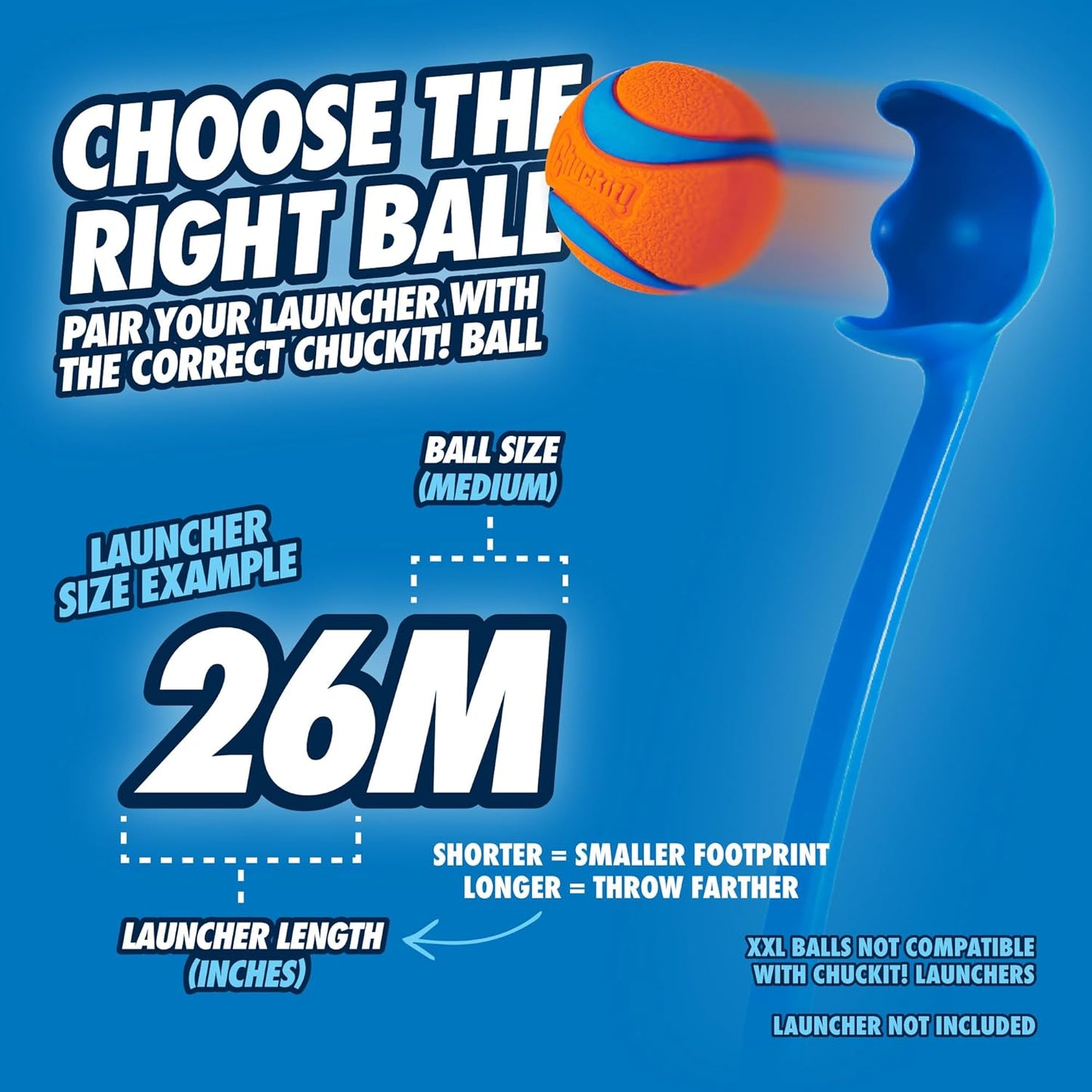 Chuckit! Classic 26M Dog Ball Launcher, 26" Long Handle Compatible with Medium (2.5") Balls, Pet Fetch Thrower Toys, For Dogs 20-60 Pounds, Made in USA, Comes with 1 Medium Ultra DogBall