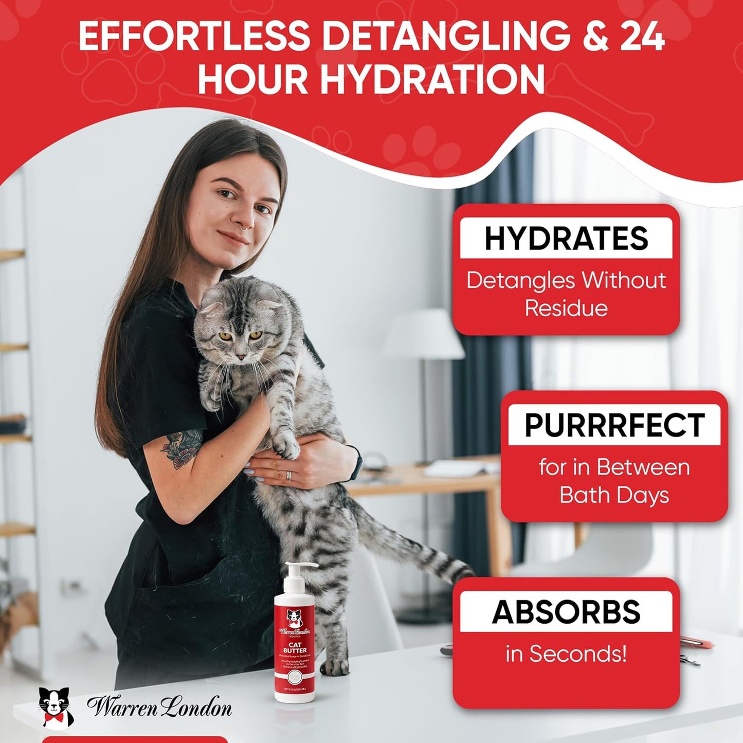 Warren London Cat Hydrating Butter | Unscented Leave-in Conditioner Lotion for Soft, Shiny Fur | Deep Moisture & Detangling for All Breeds