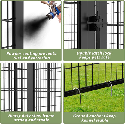 LOVMOR Outdoor Dog Kennel with Roof, Heavy Duty Steel Dog Run Enclosure for Large Dogs, Waterproof Canopy, Double Latch Door, Adjustable Feeding Bowls, Pet Pen for Yard and Patio, 10’L x 10’W x 6.5’H