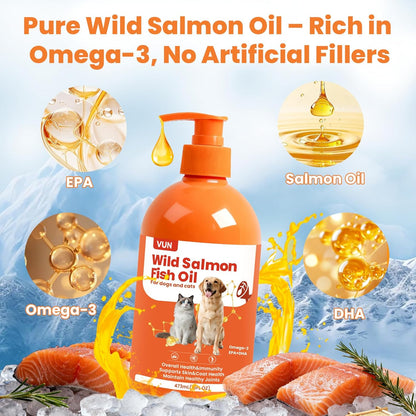 VUN Salmon Fish Oil for Dogs & Cats,Omega 3 Fish Oil Supplement for Itchy Dry Skin Coat,Allergy Relief,Joints&Paws,Brain,Eyes&Heart Treatment,Wild Liquid Fish Oil for Dogs by Pump with EPA DHA–16 oz