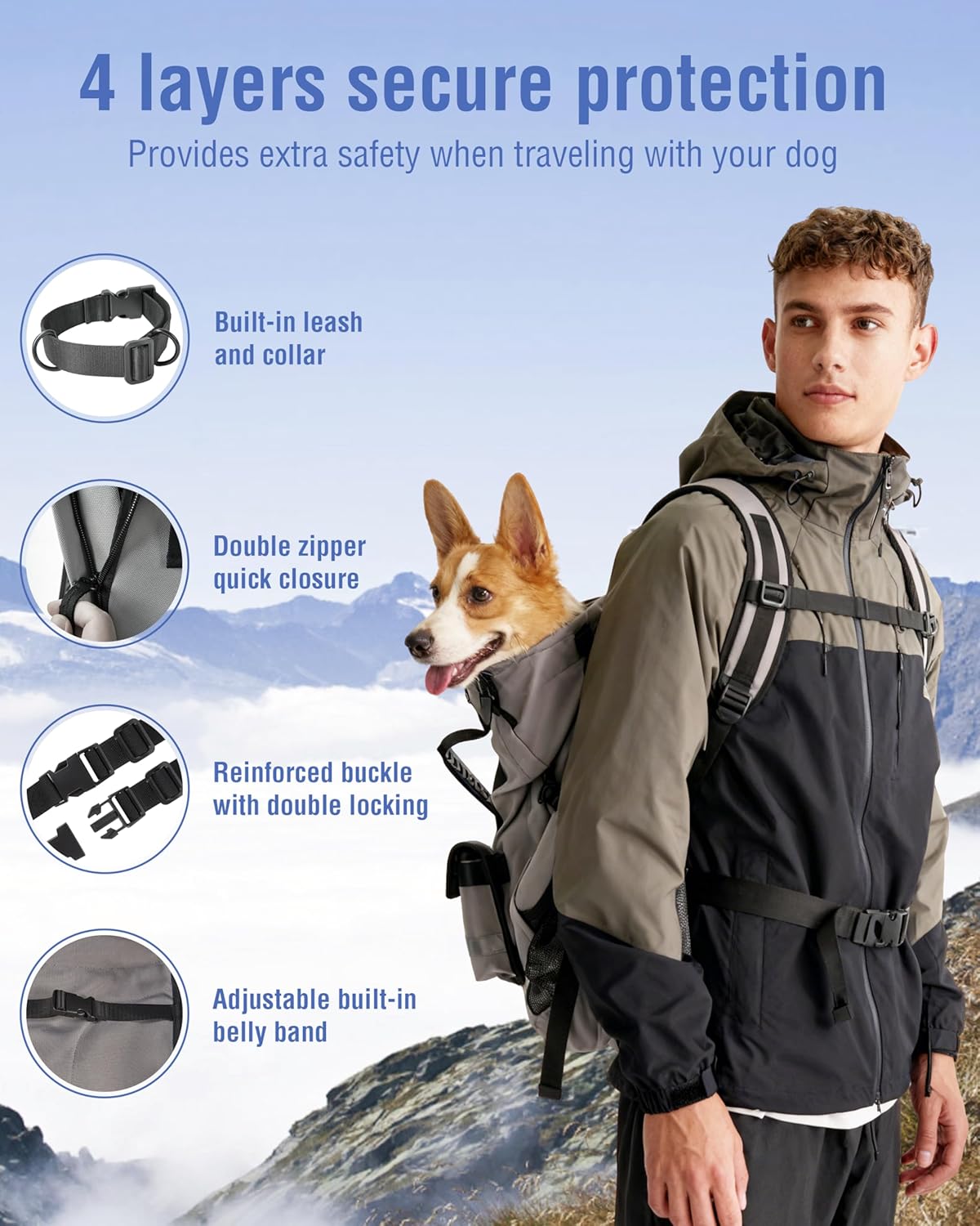 Dog Backpack for Small & Medium Dogs – 4-Layer Safety Pet Carrier with Thick Shoulder Straps, Detachable Waist Bag, Breathable Mesh & Storage Pockets for Travel & Hiking