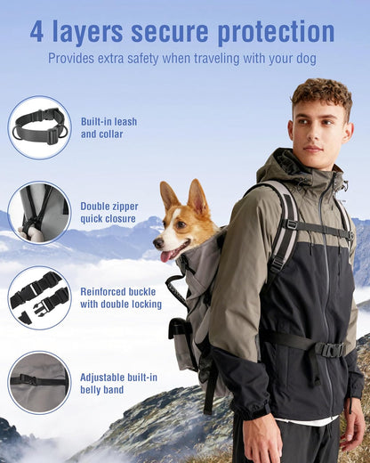 Dog Backpack for Small & Medium Dogs – 4-Layer Safety Pet Carrier with Thick Shoulder Straps, Detachable Waist Bag, Breathable Mesh & Storage Pockets for Travel & Hiking