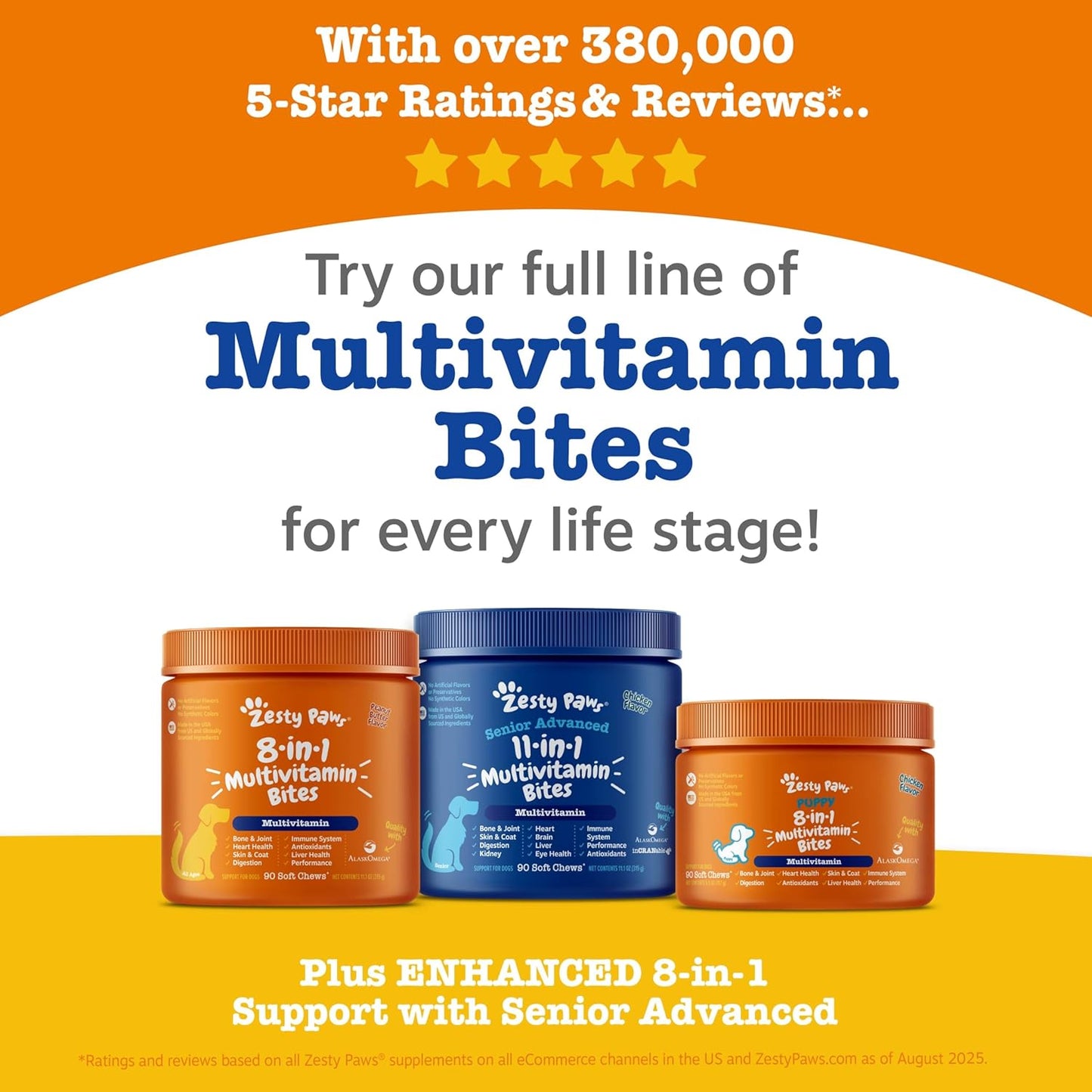 Zesty Paws Dog Multivitamin, Chewable Dog Vitamins and Supplements for Hip & Joints, Skin & Coat, Omega 3 Fish Oil for Dogs- Senior & Puppy Multivitamin - Bison- 90ct