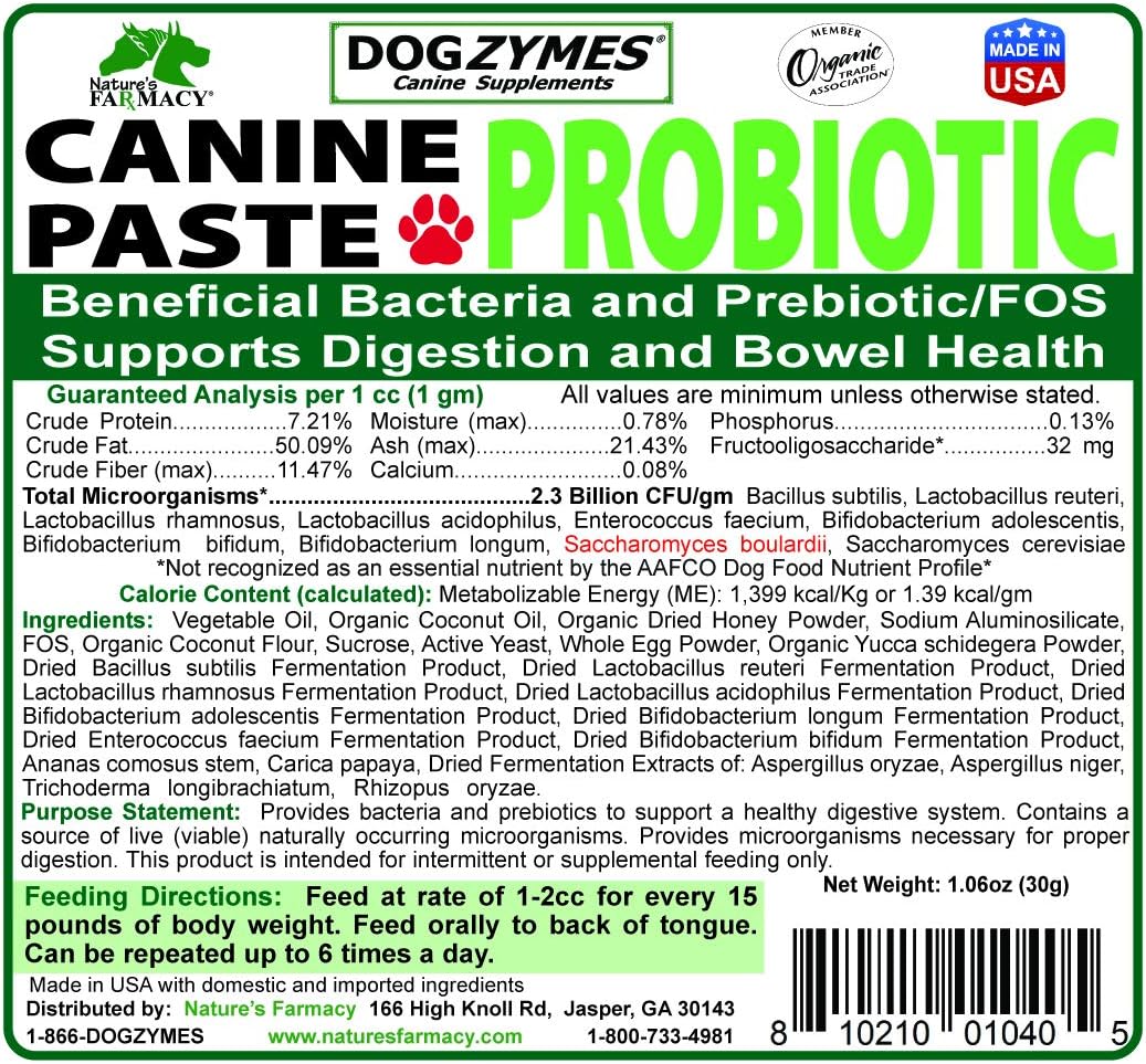 Dogzymes Canine Probiotic Paste Beneficial Bacteria-Enzyme 2.3 Billion CFU/gm Saccharomyces boulardii Organic Dried Honey Powder (30 Gram)