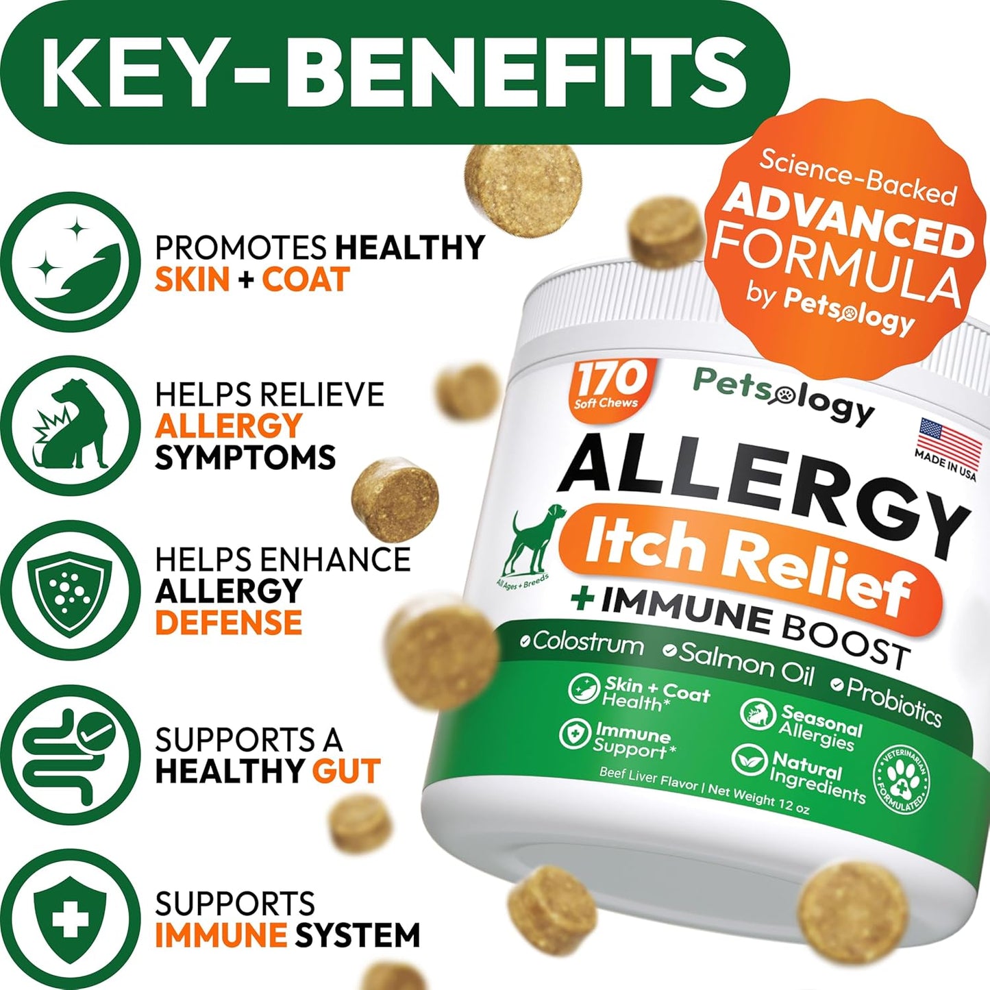 Dog Allergy Relief Chews - 170 Dog Allergy Chews - Itch Relief for Dogs - Omega 3 Fish Oil, Probiotics For Itchy Skin & Hot Spots Allergies, Paw Licking, Dry Skin & Coat Supplement - Beef Liver Flavor