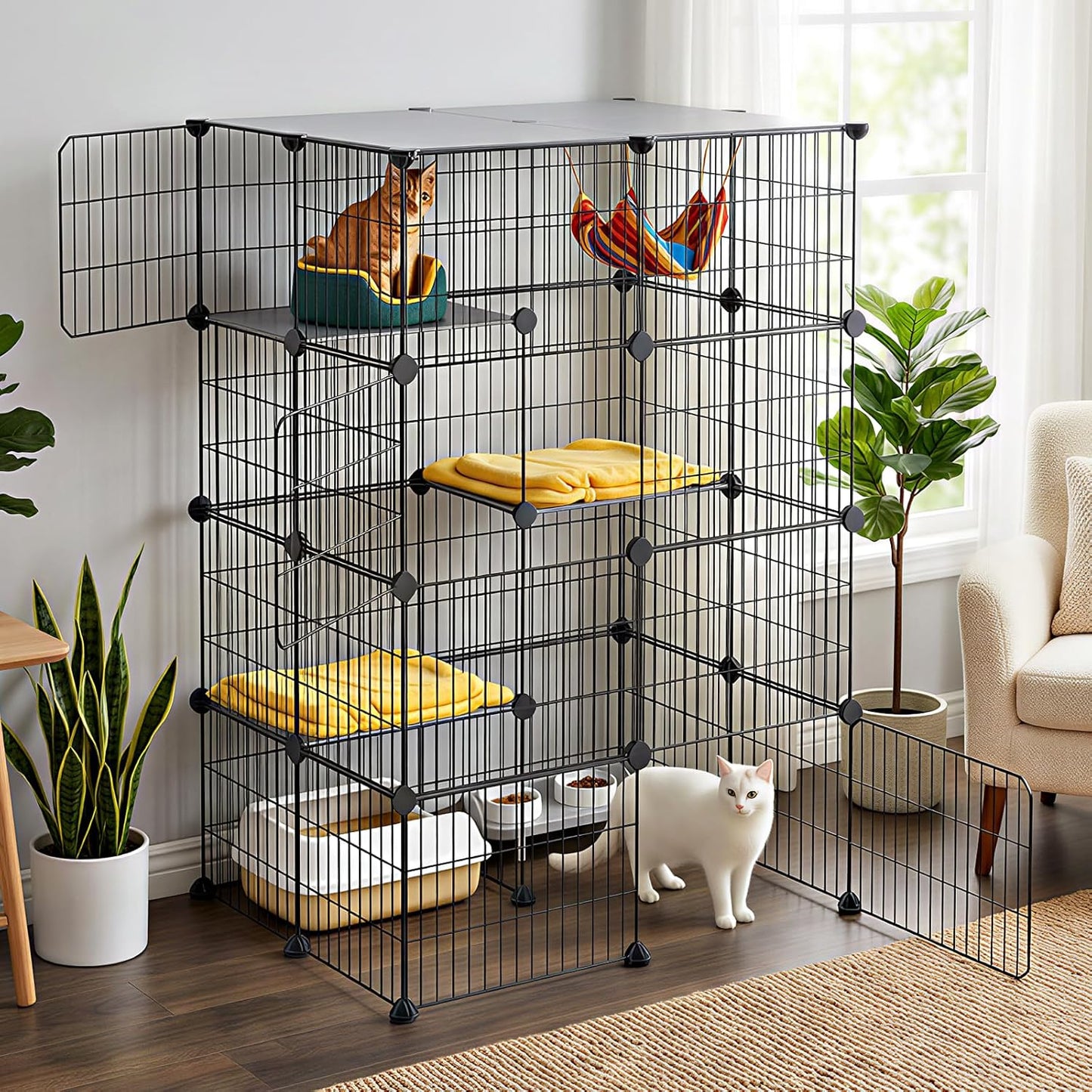 Oneluck 4-Tier 47.2 Inch Large Cat Cages DIY Cat Playpen Detachable Metal Wire Kennels Cat Crate Exercise Extra Place Ideal for 1-2 Cat