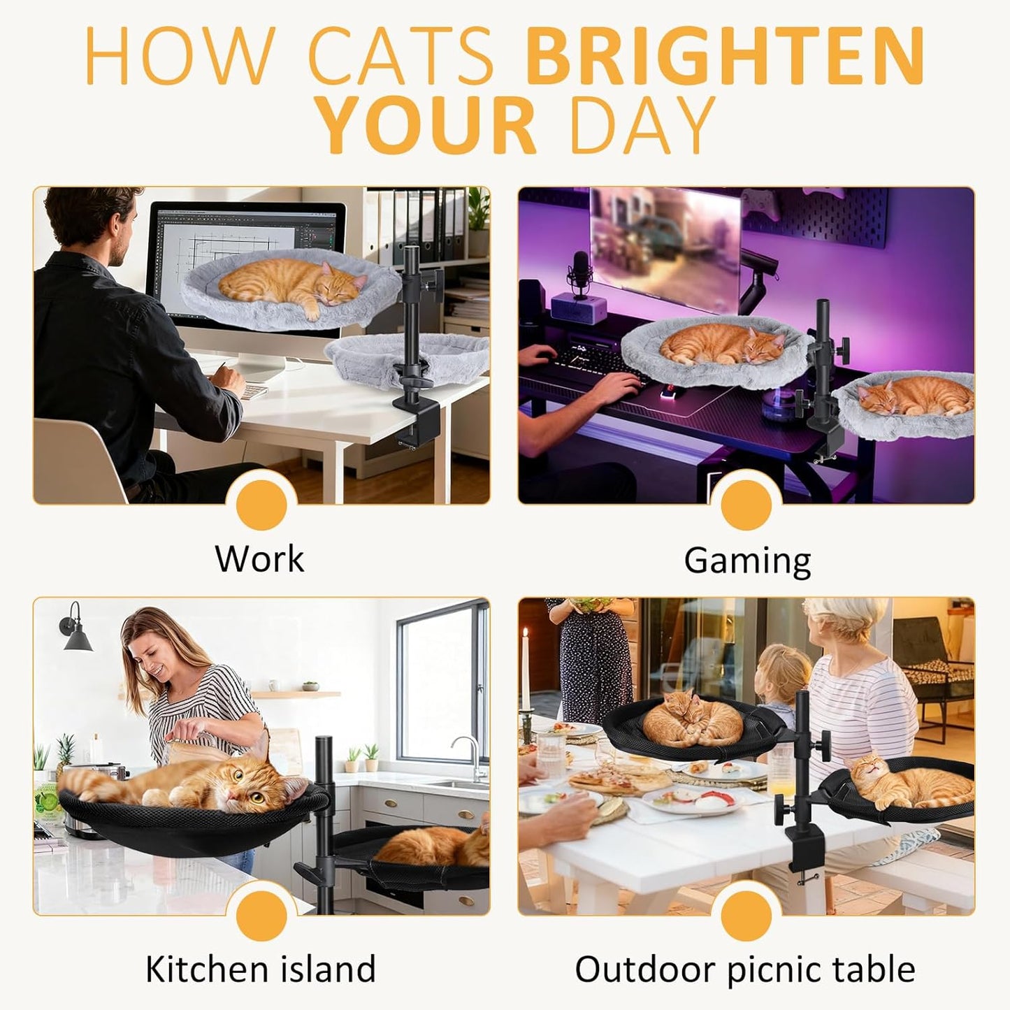 Topmart Double-Deck Cat Desk Bed with 360° Rotating & Adjustable Height, Cat Hammock for Desk with 4 Washable Pads, Kittens Bed for Desk Attachment for Home Office,Up to 45LBS, Grey & Black