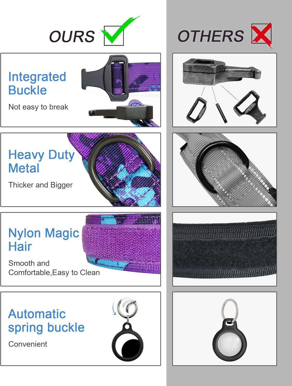 Hotsky Tactical Dog Collar, Adjustable Military Training Nylon Airtag Collar with Handle and Heavy Duty Metal Buckle for Medium Large Dogs, with Airtag Holder and Two Patches（Purple Camo,XL）