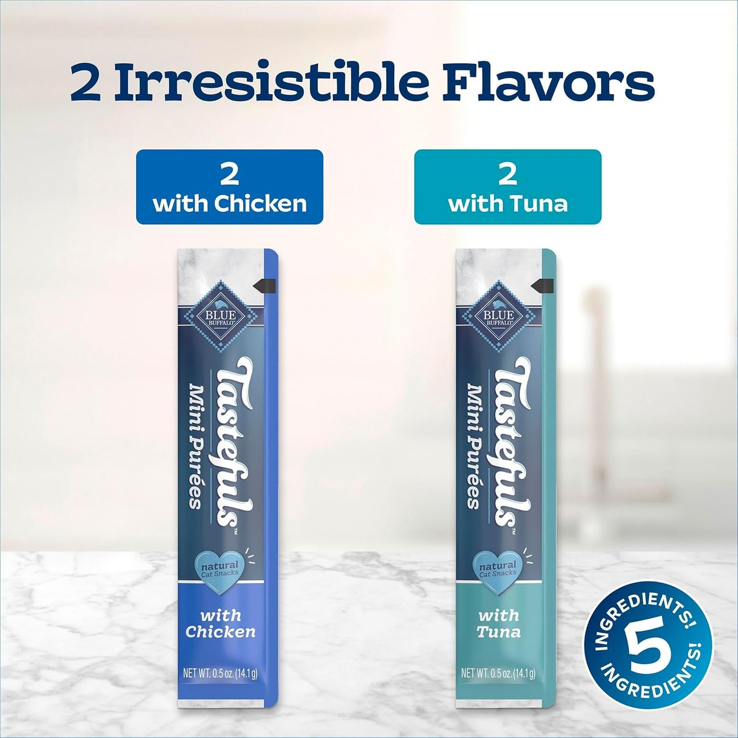 Blue Buffalo Tastefuls Mini Purées, Adult Cat Natural Single-Serving Snack, 4-Count Variety Pack Chicken and Tuna, 0.5 oz. (Pack of 4)