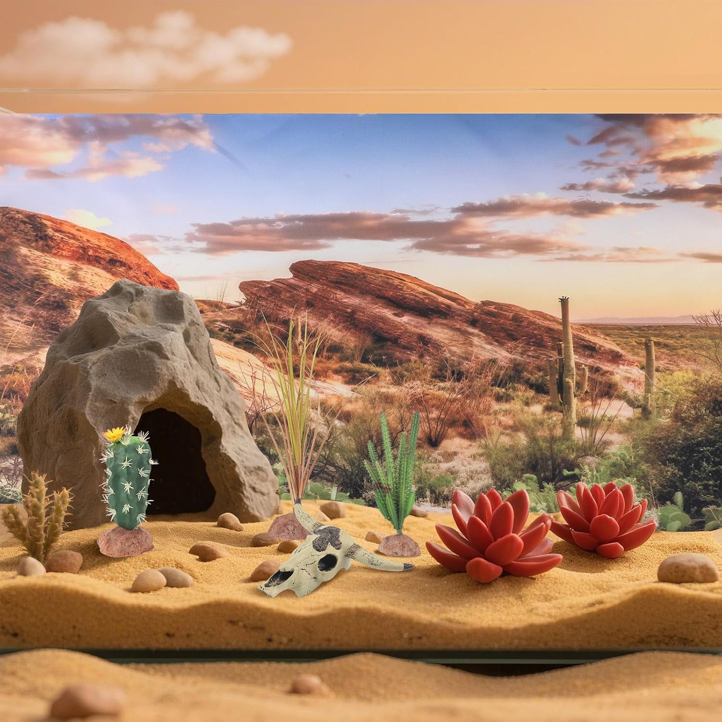 Bearded Dragon Tank Background 35 x 17 Inches Reptile Habitat Terrarium Background Blue Sky Cactus Sun and Desert Rain Forest Plant for Lizard Chameleon Gecko Snake Amphibian Terrarium Decor