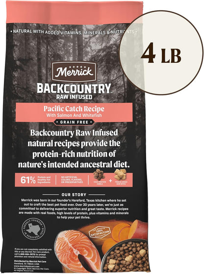 Merrick Backcountry Grain Free Dry Adult Dog Food, Kibble With Freeze Dried Raw Pieces, Pacific Catch With Salmon - 4.0 lb. Bag