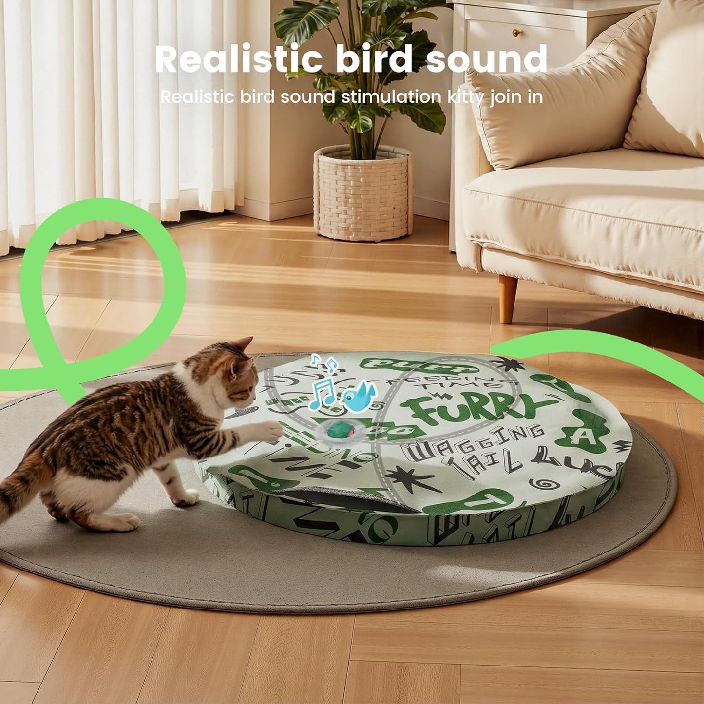Gardner Pet Interactive Cat Toys Ball,Self Moving Ball in Play Mat,Tap Activation Moving Toy Hide and Seek Exercise Kicker Mouse Catching Game for Indoor cat,Real Bird Calls,28 Inch Mat(Without holes)