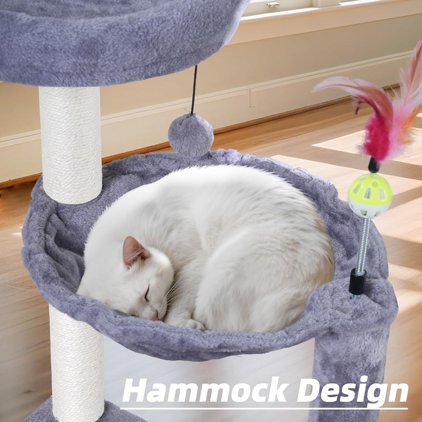 Multi-Level Cat Tree for Indoor Cats, Cat Tree Tower with Big Cat Hammock and Self-Grooming Brush, Cat Tower with Scratch Ladder, Indoor Climbing Activity Tower with Scratching Posts, Grey