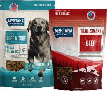 Surf and Turf Dog Food and Beef Dog Treat Adventure Fuel Bundle - Freeze-Dried Raw Food with Single Ingredient Training Snacks