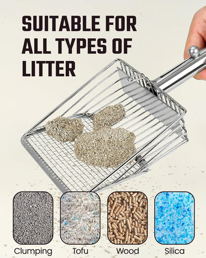 Cat Litter Scoop - Stainless Steel Metal Cat Litter Scoop -Large Size, Deep Shovel, Long Handle, Poop Sifting, Durable, Heavy Duty,Kitten Pooper Lifter for Litter Box