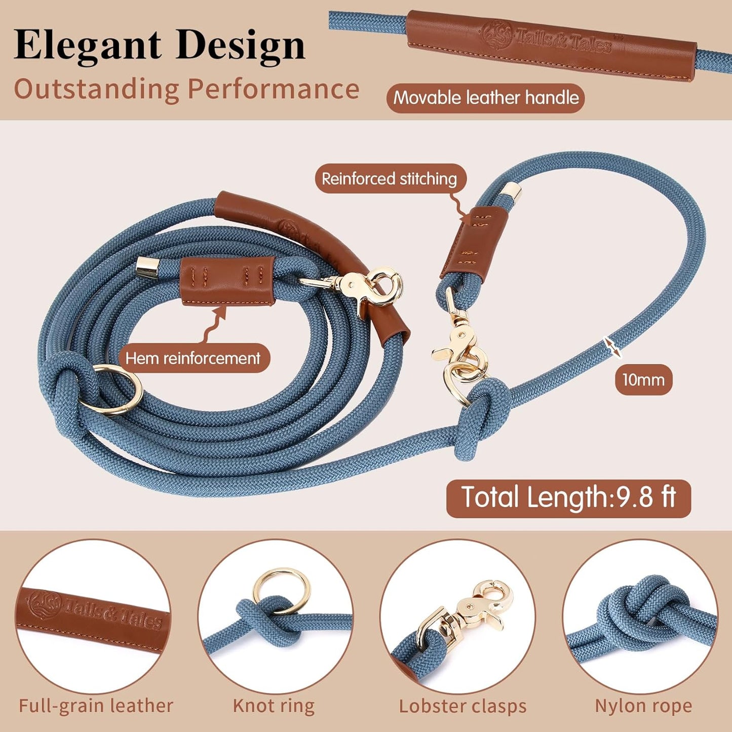 Tails & Tales Hands Free Dog Leash for Walking Running Training, Adjustable Lead Up to 9.8ft, Dogs Up to 125lbs, Crossbody, Dual Handle, Multifunctional, Double Attachment for 2 Dogs (Tapestry Blue)