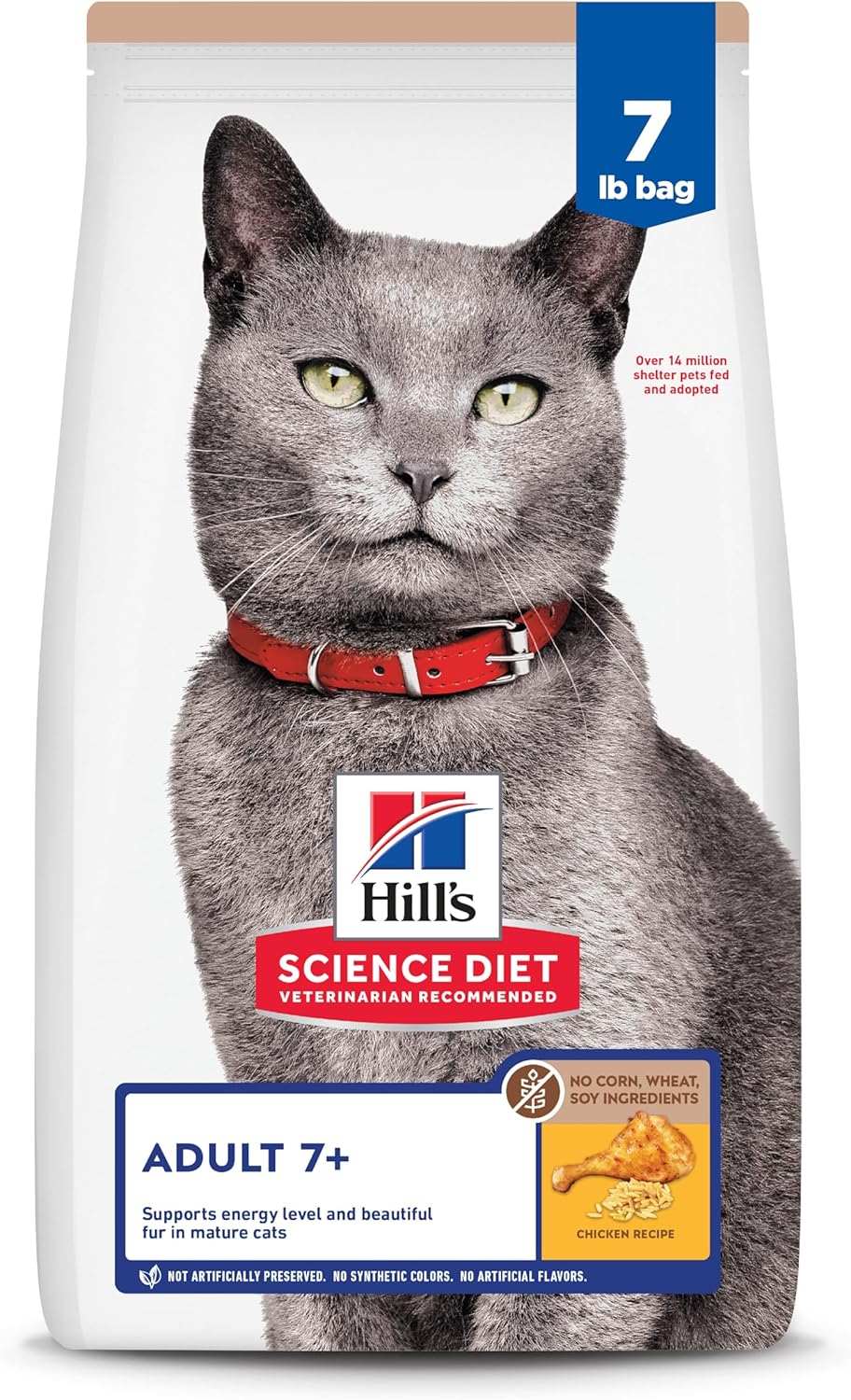 Hill's Science Diet Adult 7+, Senior Adult 7+ Premium Nutrition, Dry Cat Food, No Corn, Wheat, Soy Chicken & Brown Rice, 7 lb Bag