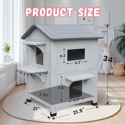 Plastic Outdoor Cat House with Escape Door, Waterproof 2 Story Outdoor Houses for Feral Cats Outside Cat Shelter, Spacious, Clean and Assemble Easily