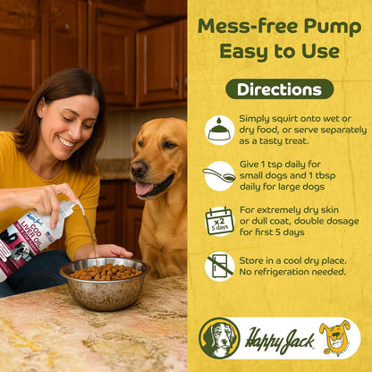 Happy Jack Cod Liver Fish Oil for Dogs Skin and Coat Supplement, Brain, Eyes, Bones, Hip, Joint, Heart & Immune System Health, Energy Booster (16 oz), Omega 3 with EPA & DHA, Vitamin A & D