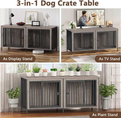 EasyCom Dog Crate Furniture for 1 or 2 Dogs, Heavy Duty Single/Double Dog Crates for Small/Medium/Large Dogs, Dog Kennel Furniture Indoor as TV Stand, Large Size 78.74" L(35-60 Pounds), Oak Grey