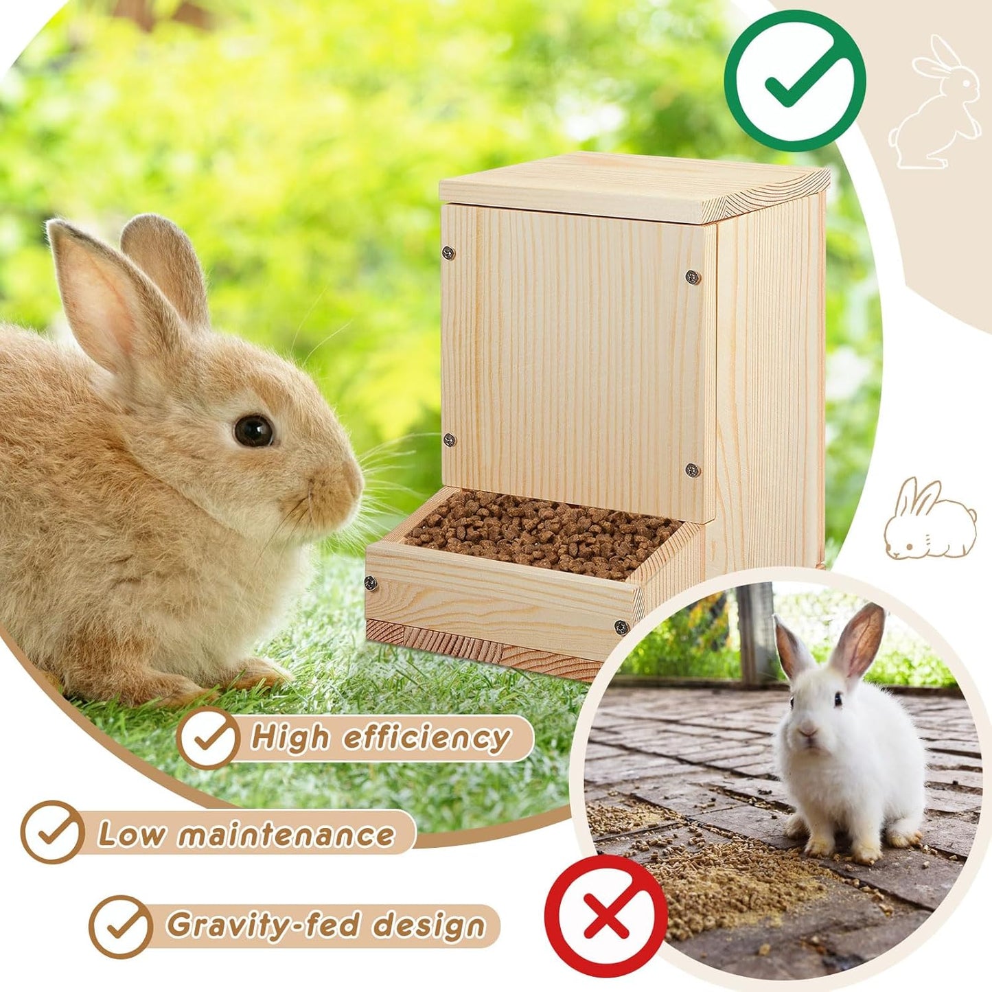 Maxcheck Wooden Rabbit Feeder for Cages, Automatic Small Animal Food Dispenser with Lid, Wood Chicken Grit Oyster Shell Feeders Outside, for Rabbits Ferrets and Other Small Pet Animals