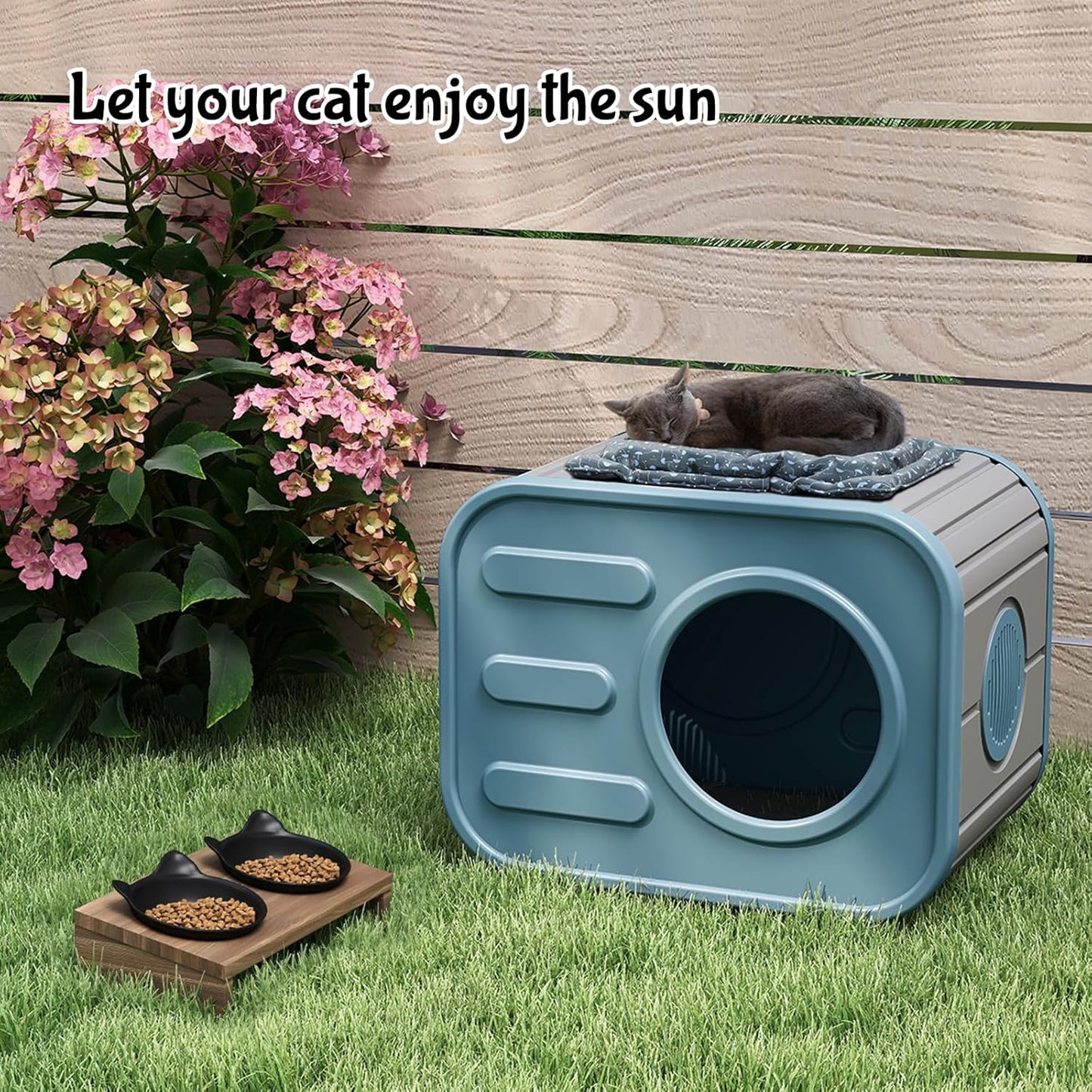 Outdoor Cat House, Outside Cat Shelter with Bed Mat for Feral Cat, Plastic Pet House for Indoor and Outdoor Use, Weatherproof, Blue