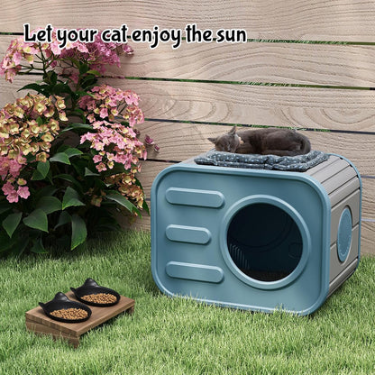 Outdoor Cat House, Outside Cat Shelter with Bed Mat for Feral Cat, Plastic Pet House for Indoor and Outdoor Use, Weatherproof, Blue