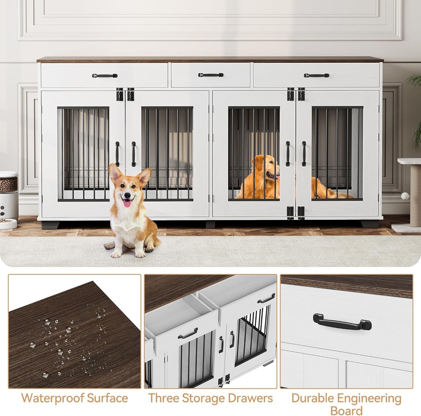 71" Double Dog Crate Furniture, Rustic Indoor Kennel with Removable Divider and 3 Storage Drawers for Medium Large Dogs