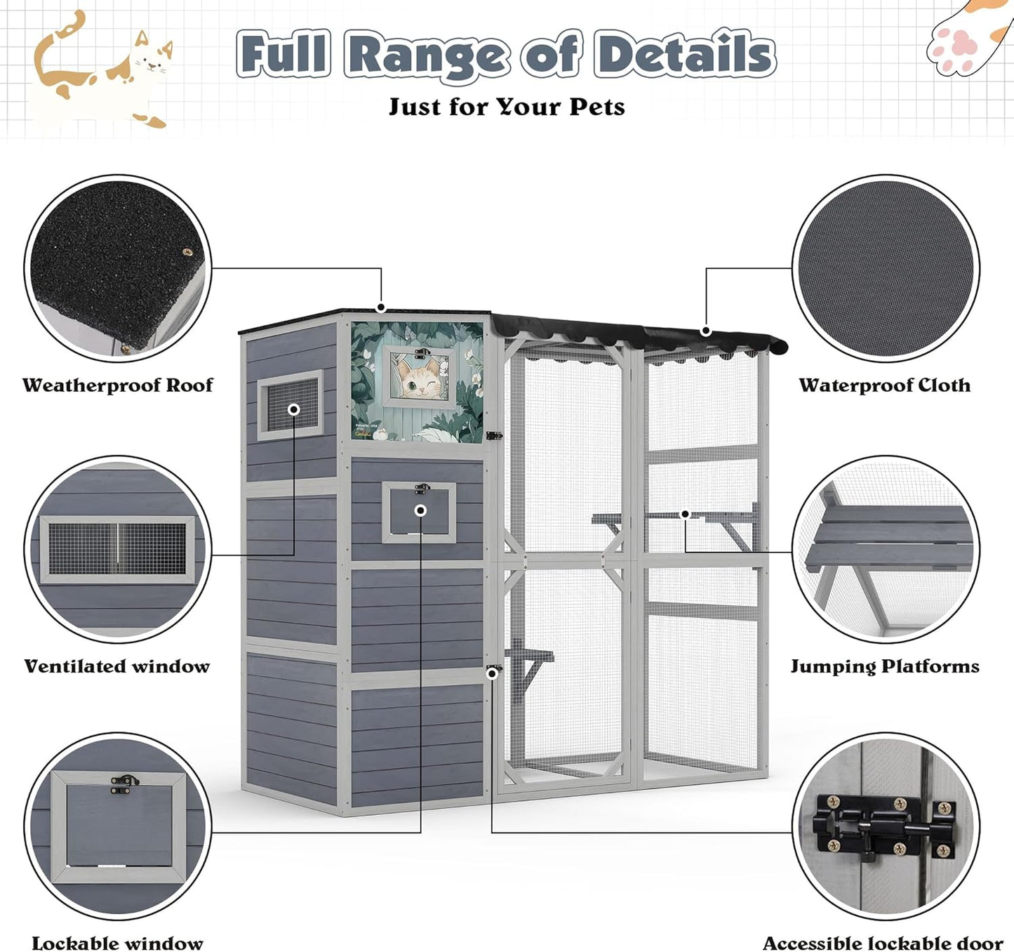 COZIWOW Large Wood Cat Catio, Outdoor Enclosure with Weatherproof Roof, 2 Resting Rooms, 2 Platforms, 4-Tier Cat Playpen (Grey with Pattern)