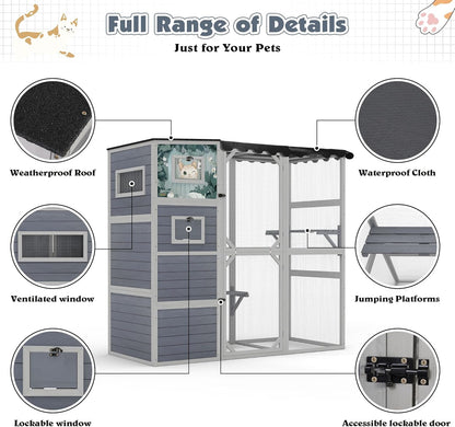 COZIWOW Large Wood Cat Catio, Outdoor Enclosure with Weatherproof Roof, 2 Resting Rooms, 2 Platforms, 4-Tier Cat Playpen (Grey with Pattern)