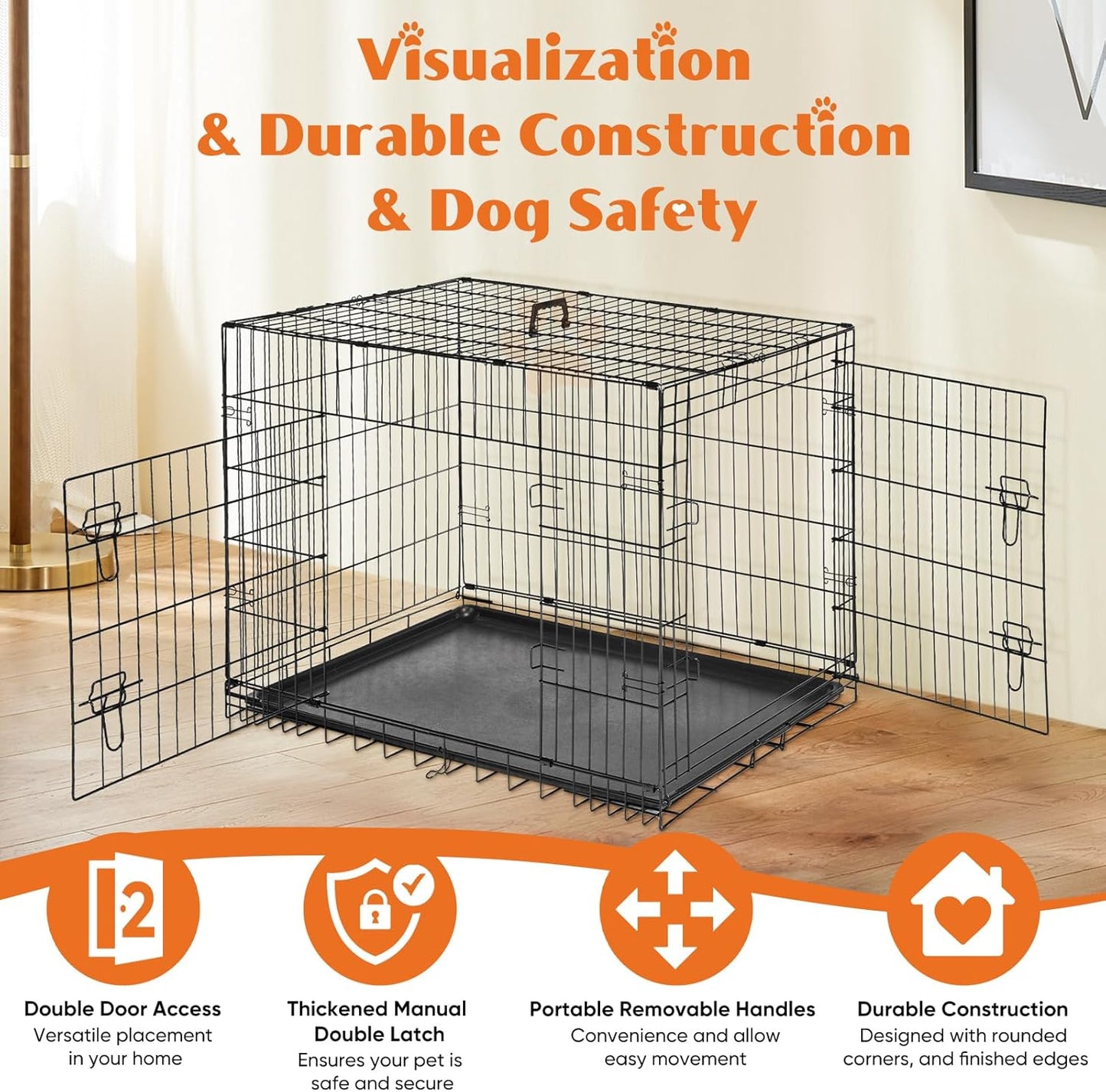 Sweetcrispy Large Dog Crate with Divider Panel, 36 Inch Double Door Folding Metal Wire Dog Cage with Plastic Leak-Proof Pan Tray, Pet Kennel for Indoor, Outdoor, Travel, 36S