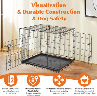 Sweetcrispy Large Dog Crate with Divider Panel, 36 Inch Double Door Folding Metal Wire Dog Cage with Plastic Leak-Proof Pan Tray, Pet Kennel for Indoor, Outdoor, Travel, 36S