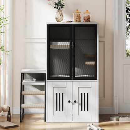 Cat Litter Box Enclosure, Double Layer Enclosed Litter Box Furniture with Door, Cat House with Ladder, White