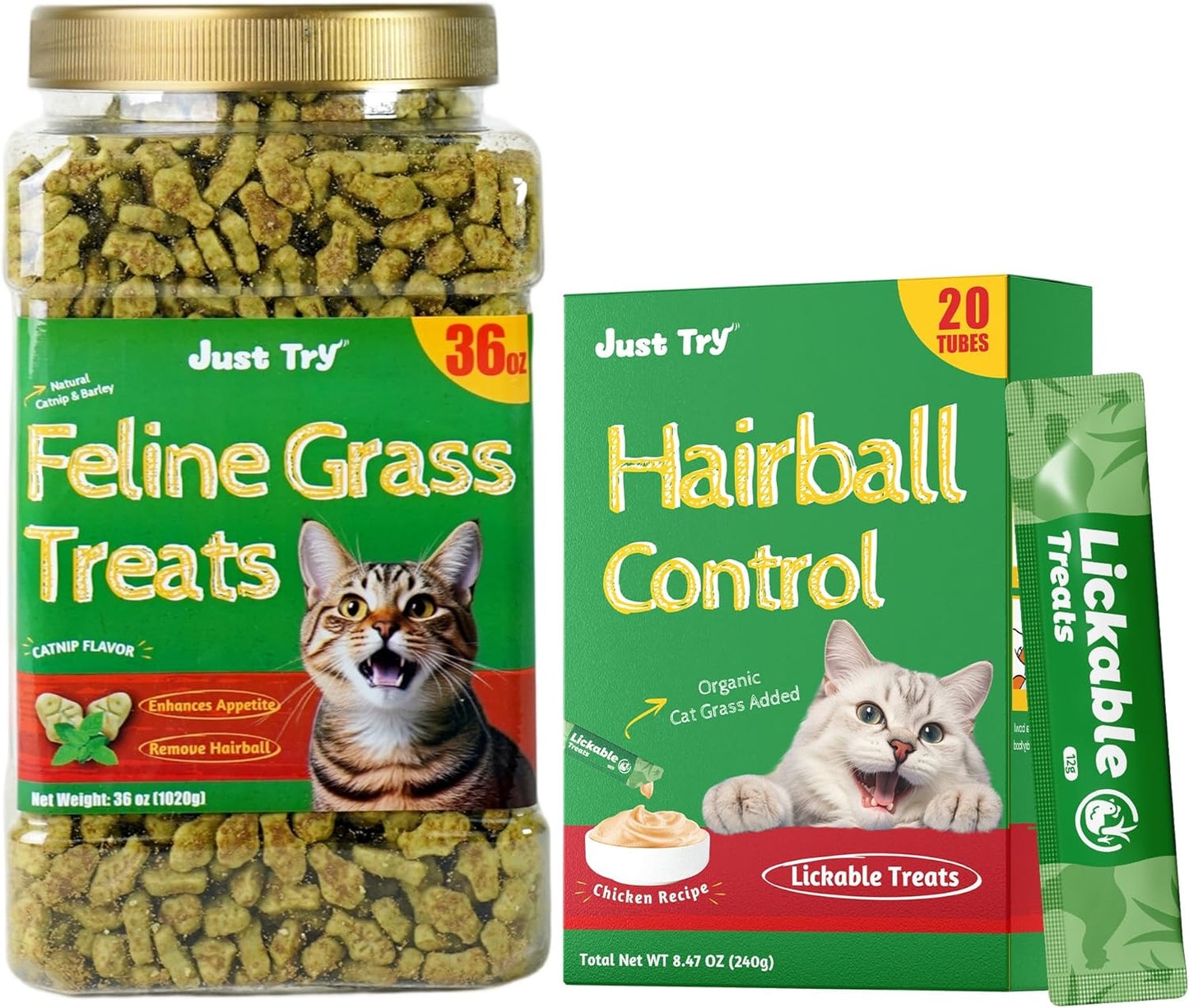 Just Try 36 OZ Cat Treats Cat Grass+20 Tubes Creamy Lickable Puree Treats Hairball Control Dental Care Training Kitten Snacks