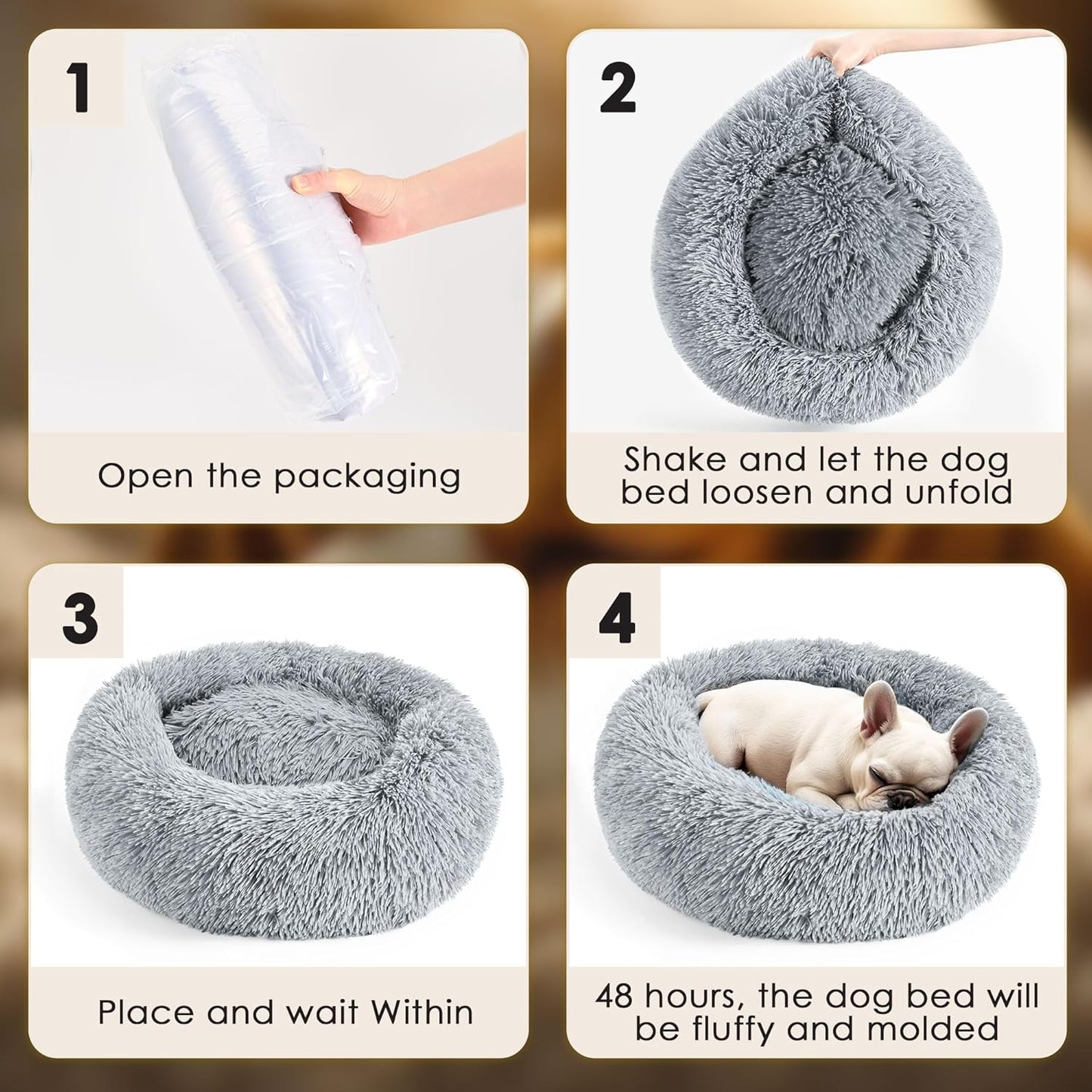 Hoewina Dog & Cat Bed for Indoor Cats, 20in Calming Donut Bed for Puppy and Kitten, Washable Round Fluffy Pet Bed for Small Medium Dogs and Cats (Light Grey)