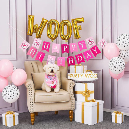 PartyWoo Pink Dog Birthday Supplies Kit 15pcs Balloons Puppy Bandana Hat Banner for Small Medium Girl Puppy Dogs Pet Photo Booth Backdrop Celebration Party Decorations Favors