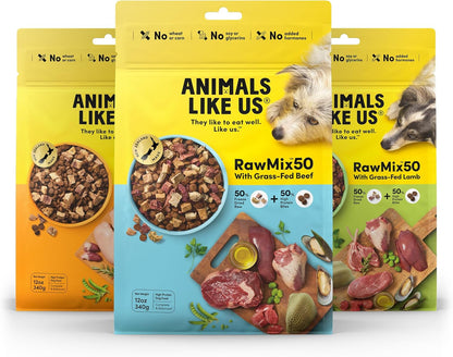 RawMix50 3Pack Premium Freeze-Dried Raw Cage-Free Chicken, Grass-Fed Beef, Grass-Fed Lamb Dog Food, Includes Kibble, Non-GMO, No Wheat or Corn, 12oz Each