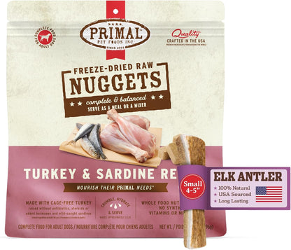 Primal Antler & Freeze Dried Dog Food Nuggets Bundle, Turkey & Sardine 14oz & Grade A Split Elk Antler for Small Dogs up to 15 lb