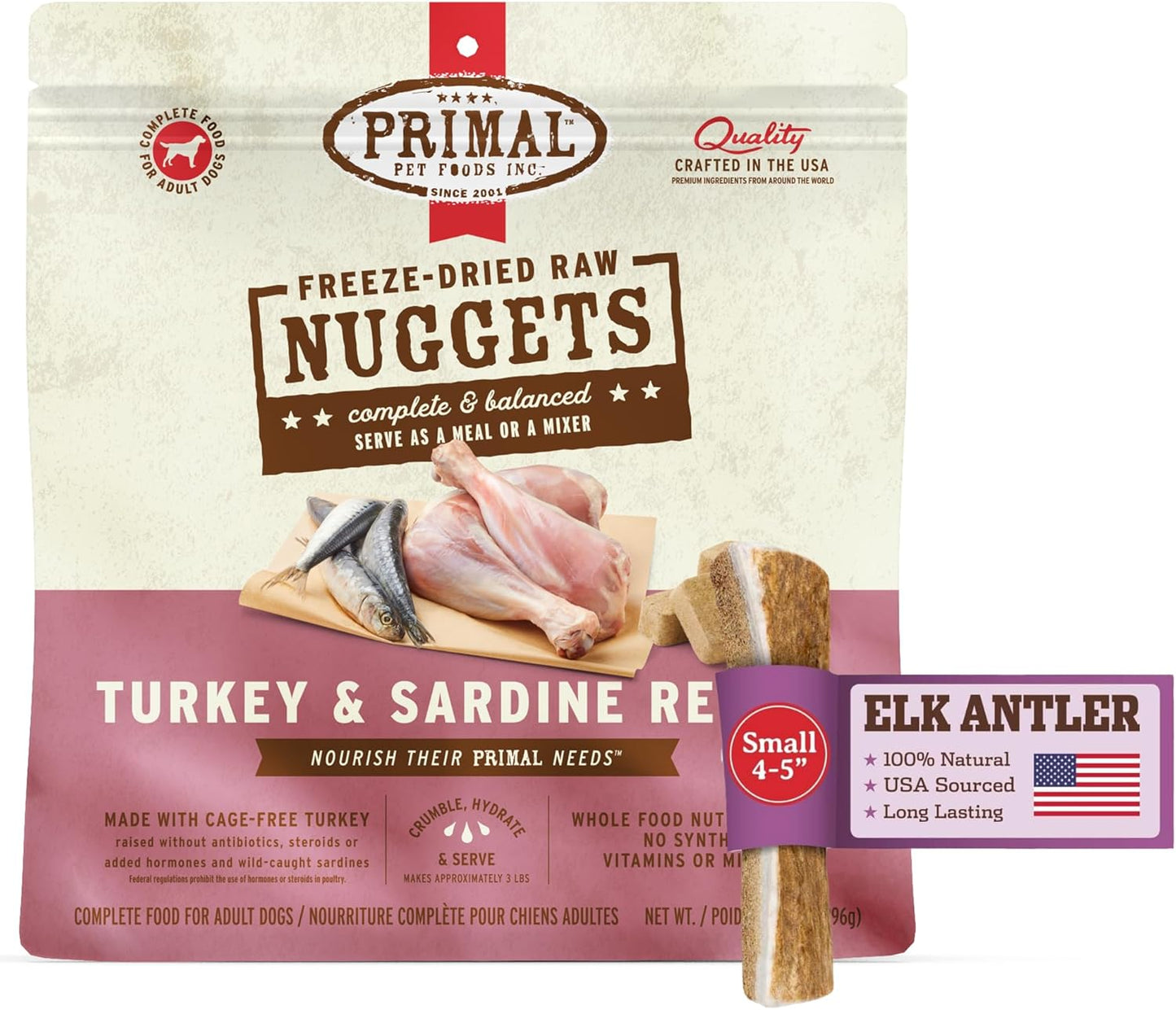 Primal Antler & Freeze Dried Dog Food Nuggets Bundle, Turkey & Sardine 14oz & Grade A Split Elk Antler for Small Dogs up to 15 lb
