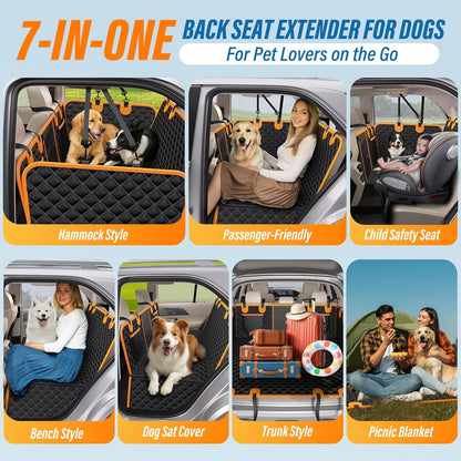 Back Seat Extender for Dogs, 7-in-1 Dog Car Seat Cover for Back Seat, Hard Bottom Car Seat Cover Holds 420lbs, Waterproof & Scratchproof Back Seat Pet Cover for Dogs, Dog Hammock for Car, SUVs