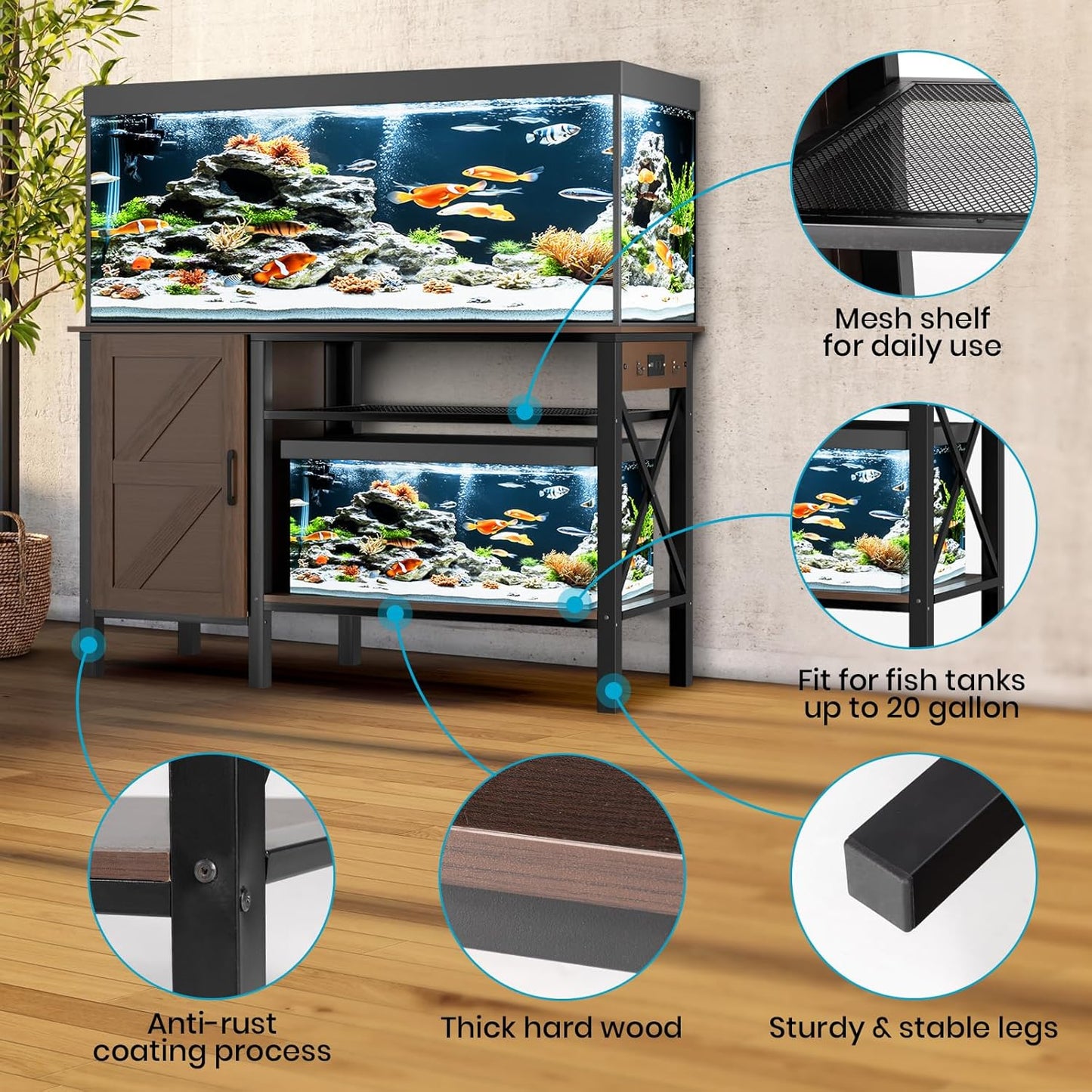 55-75 Gallon Fish Tank Stand - Heavy Duty Aquarium Stand with Power Outlets, Cabinet for Fish Tank Accessories Storage, Metal Frame, Suitable for Fish Tank, Turtle Tank, 880LBS Capacity, Brown