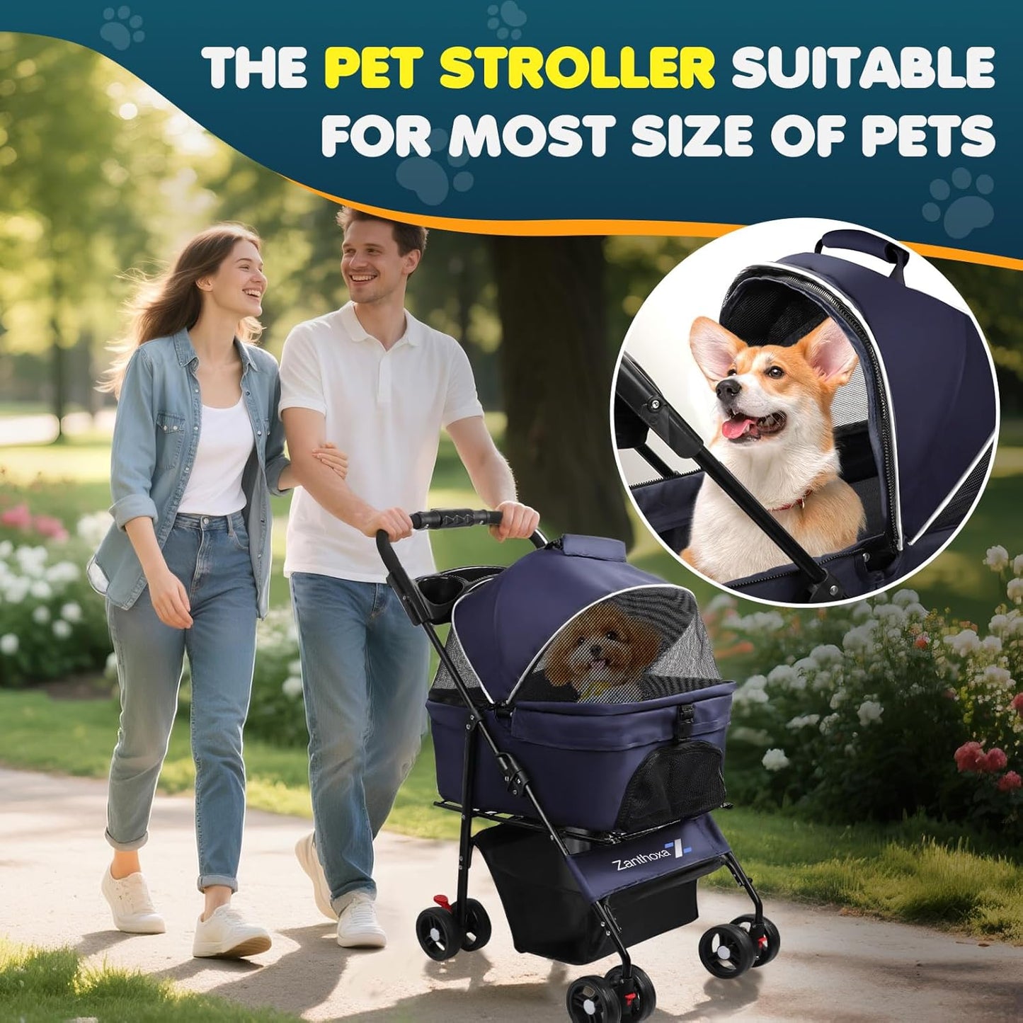 Dog Stroller for Medium Dogs 20 lbs, Pet Stroller for Small Dogs and Cats with 4 Wheels, Easily Folding & Compact Portable, Up to 45 Ibs with Detachable Basket, Cup Holder and Breathable Mesh